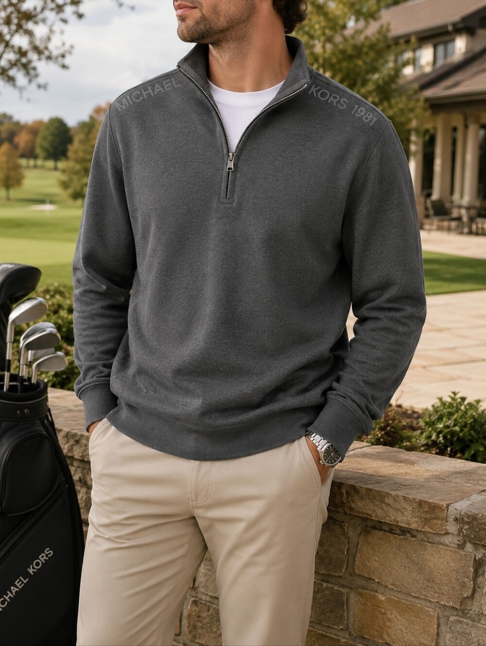Michael Kors Men’s Quarter Zip Pullover Gray Fleece L Long Sleeve Sweater